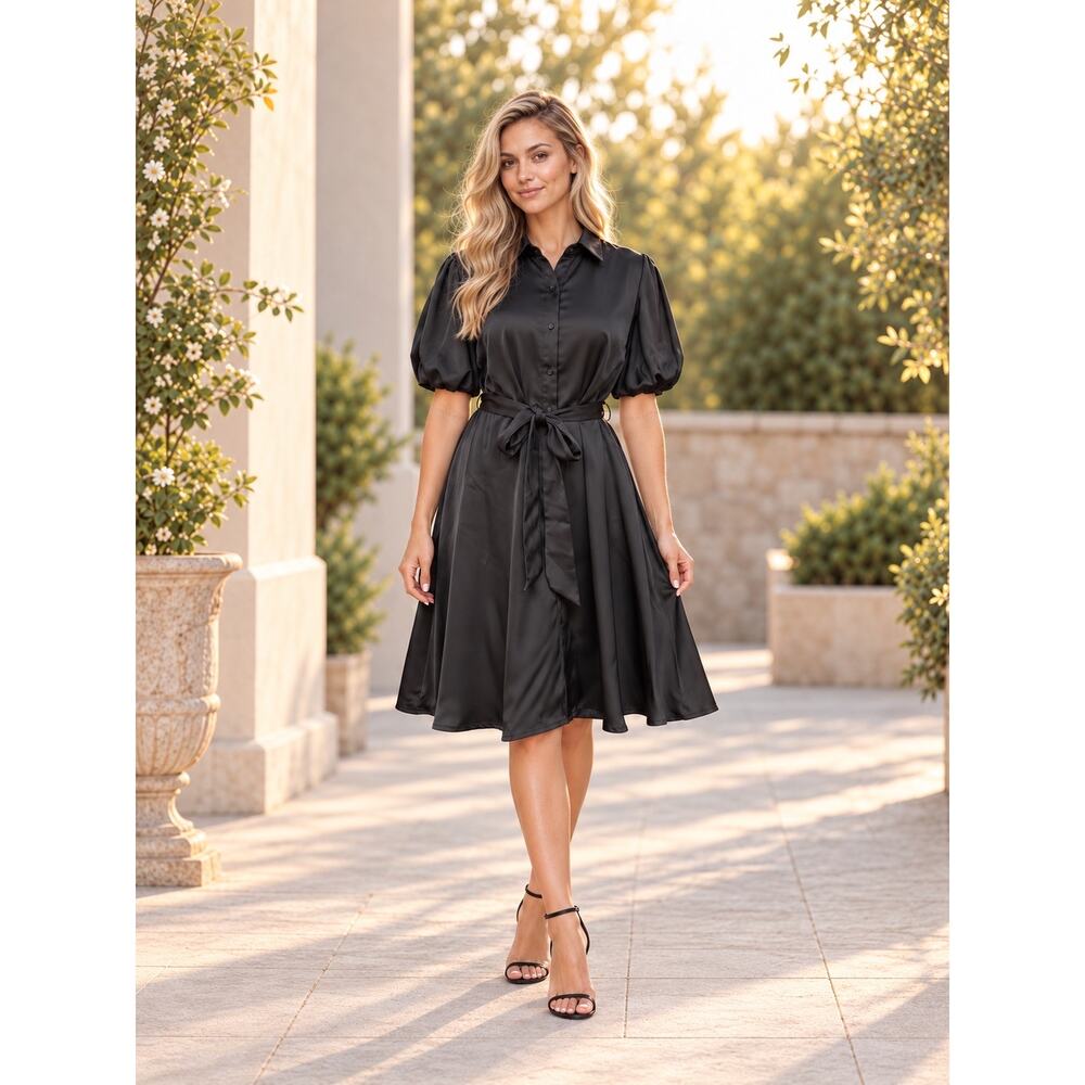 Sam Edelman Black Fluid Satin Puff Sleeve Tie Waist Shirt Dress 4 NWT $128
